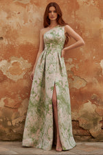 A-Line Evening Gown Elegant Jacquard Floral Dress Prom Floor Length Sleeveless One Shoulder with Slit Pocket Sage Wedding Guest Dress
