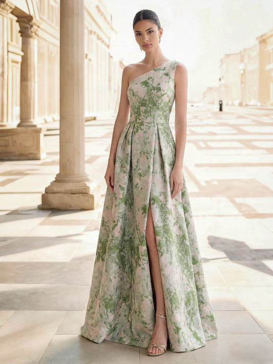 A-Line Evening Gown Elegant Jacquard Floral Dress Prom Floor Length Sleeveless One Shoulder with Slit Pocket Sage Wedding Guest Dress