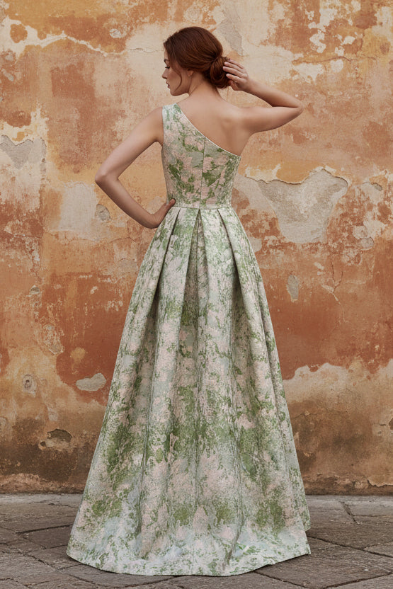 A-Line Evening Gown Elegant Jacquard Floral Dress Prom Floor Length Sleeveless One Shoulder with Slit Pocket Sage Wedding Guest Dress