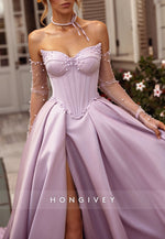 Lilac Satin High Slit Strapless Court Train Princess Evening Gowns with Pearls