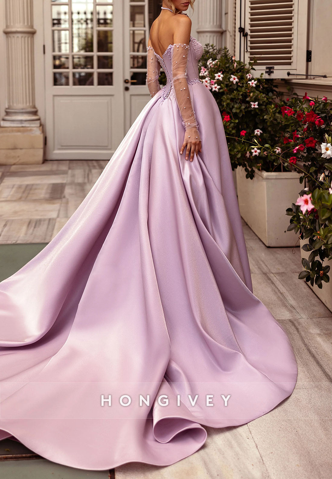 Lilac Satin High Slit Strapless Court Train Princess Evening Gowns with Pearls