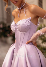Lilac Satin High Slit Strapless Court Train Princess Evening Gowns with Pearls