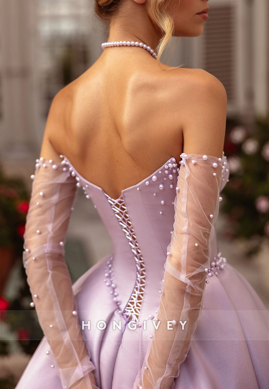 Lilac Satin High Slit Strapless Court Train Princess Evening Gowns with Pearls