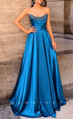 L2942 - A-Line Bateau Strapless Beaded Party Prom Evening Dress