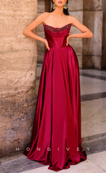 L2942 - A-Line Bateau Strapless Beaded Party Prom Evening Dress