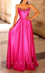 L2942 - A-Line Bateau Strapless Beaded Party Prom Evening Dress