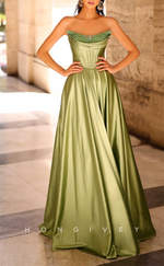 L2942 - A-Line Bateau Strapless Beaded Party Prom Evening Dress