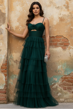 Green A-Line Tulle Spaghetti Straps Sleeveless Backless Prom Dress