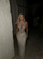 Halter High Neck Sleeveless Beaded Sequins Sparkle Cut Outs Mermaid Prom Dress