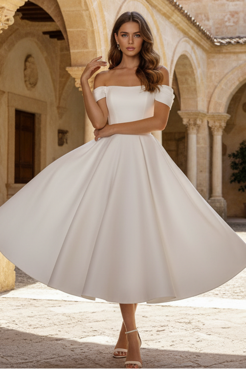 Short Off-Shoulder A-Line Satin Wedding Dress Midi Dresses HONGIVEY