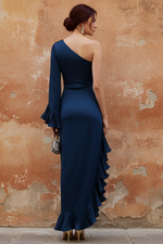 Navy Blue Ruffled One Shoulder Long Sleeve Bell Sleeve Evening Dress