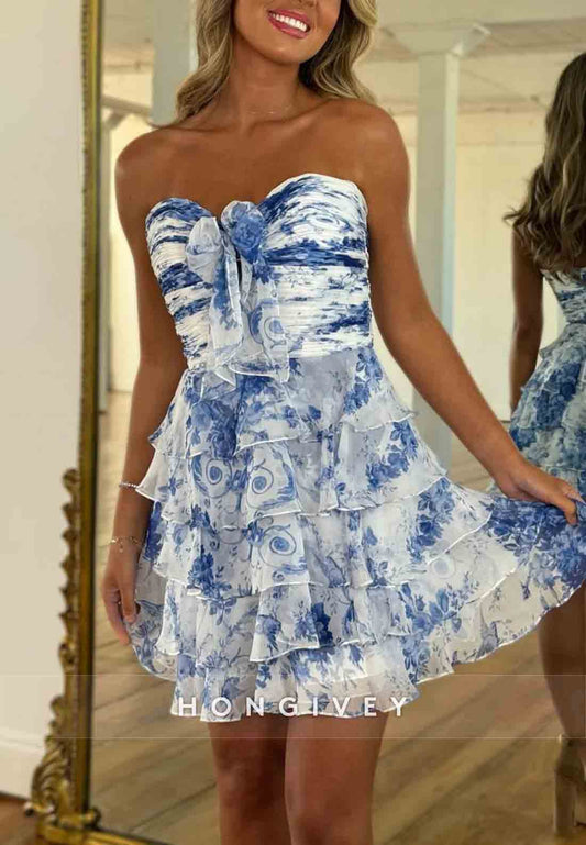 Sweetheart Bowknot A-Line Floral Print Pleated Short  Homecoming Dresses