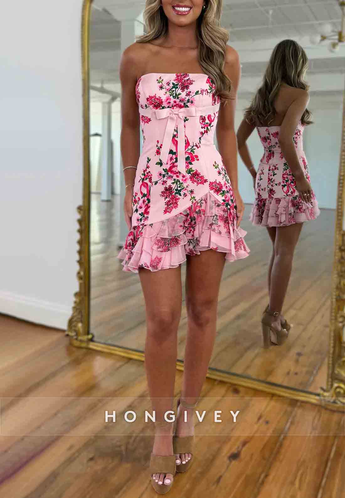 Strapless Asymmetrical Floral Print Bowknot Sleeveless Mini Homecoming Dresses