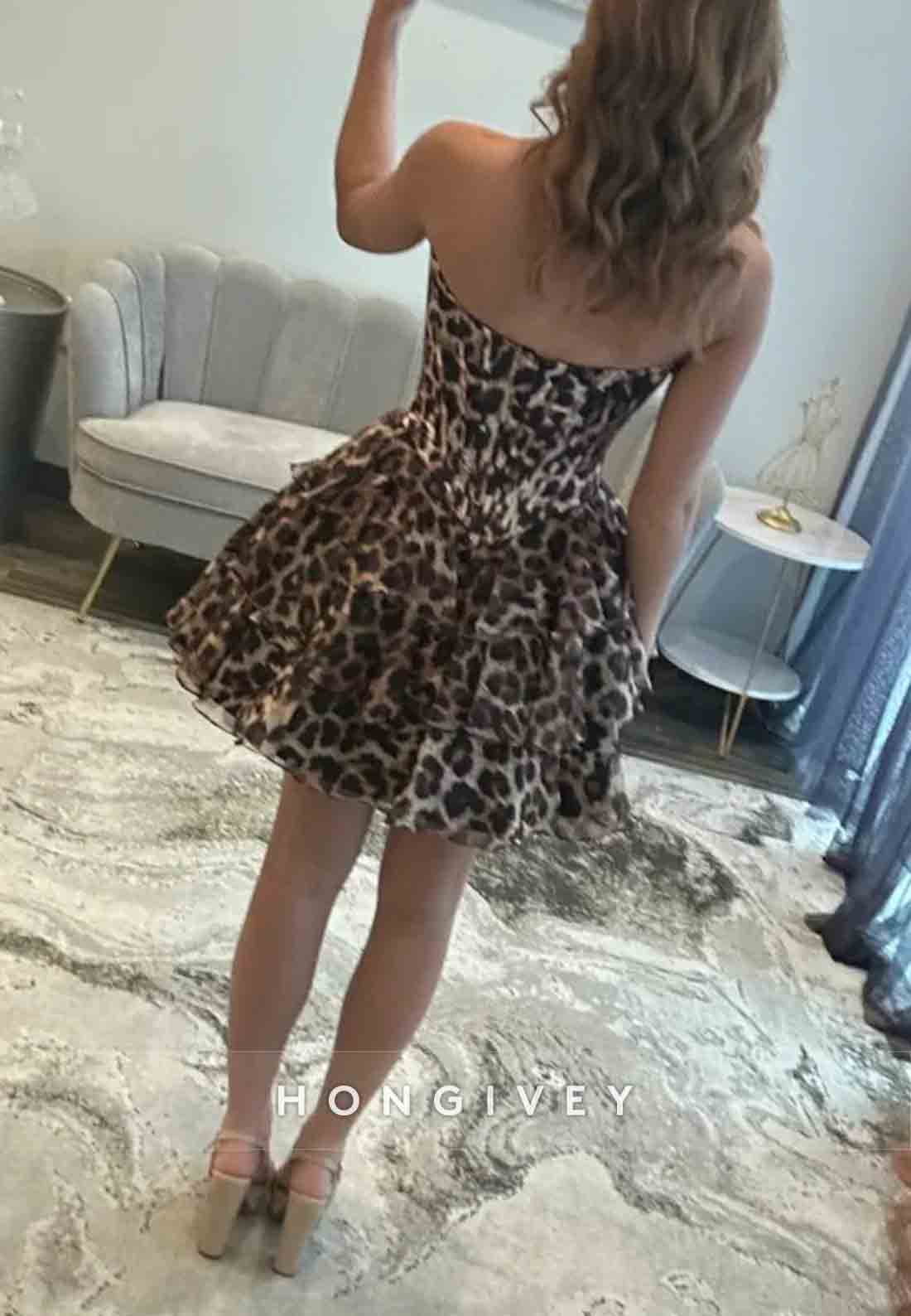 Strapless Leopard Print Sleeveless Pleated Short Princess Homecoming Dresses