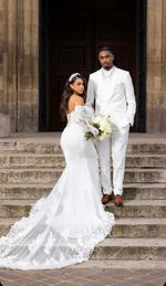 Beautiful Long White Mermaid Off-the-shoulder Lace Corset Wedding Dress with Long Sleeves
