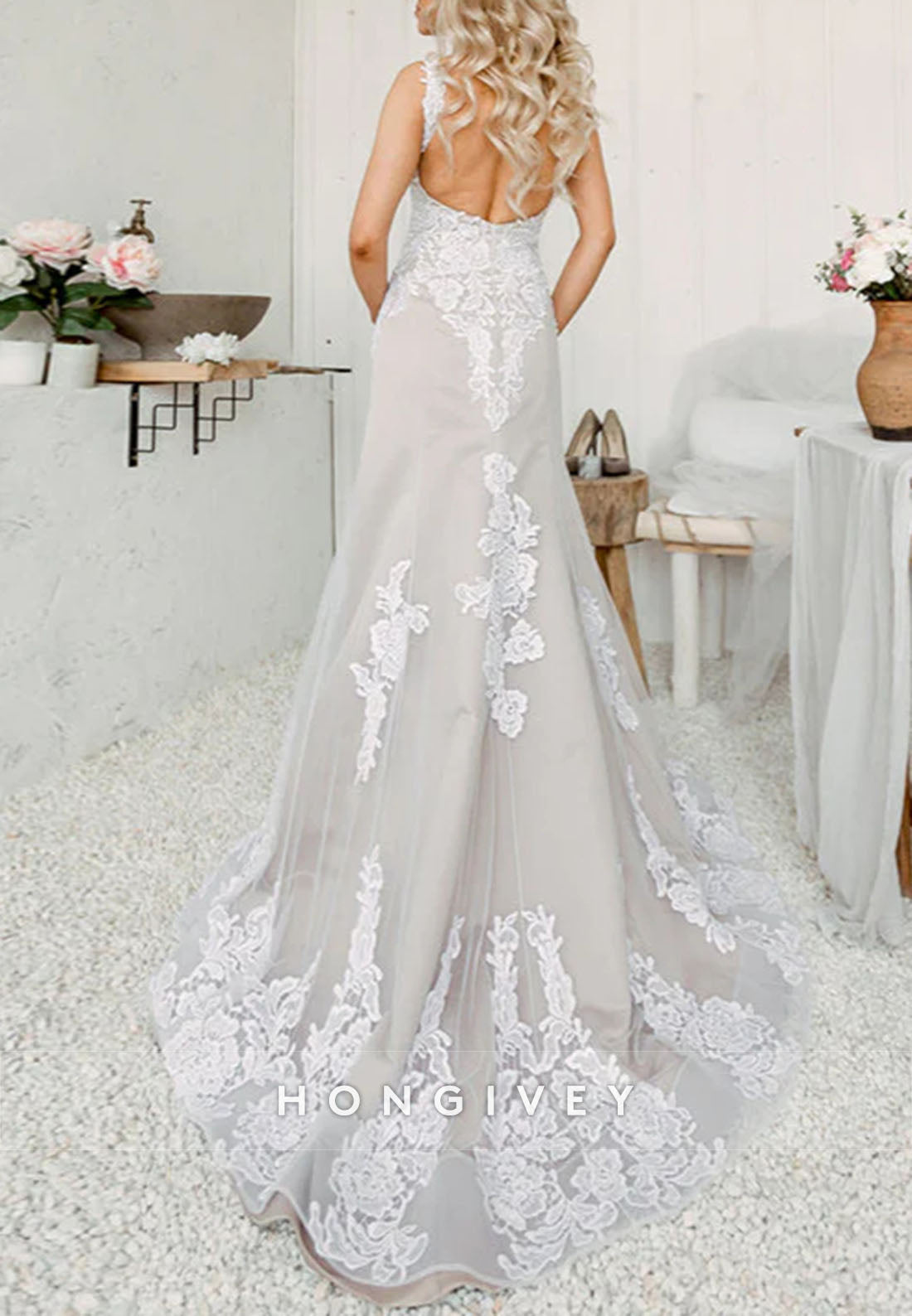 Nude Champagne Lace Sleeveless Wedding Dress Mermaid Bridal Gowns