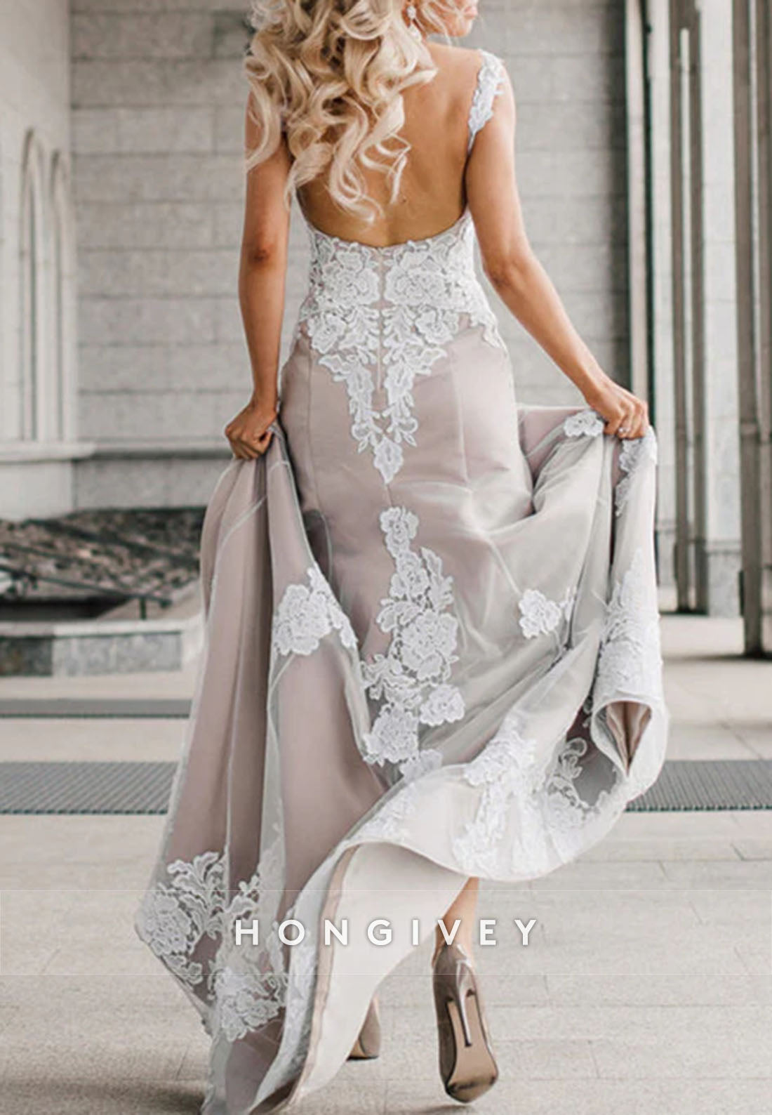 Nude Champagne Lace Sleeveless Wedding Dress Mermaid Bridal Gowns