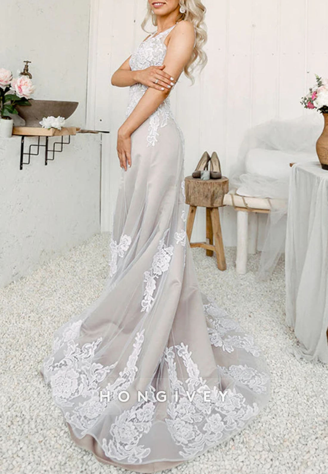 Nude Champagne Lace Sleeveless Wedding Dress Mermaid Bridal Gowns