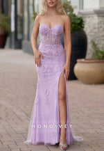 Sweetheart Mermaid Strapless Floor-Length Corset Lace Prom Dress with Slit