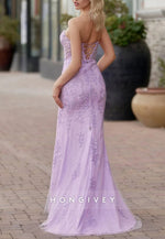 Sweetheart Mermaid Strapless Floor-Length Corset Lace Prom Dress with Slit