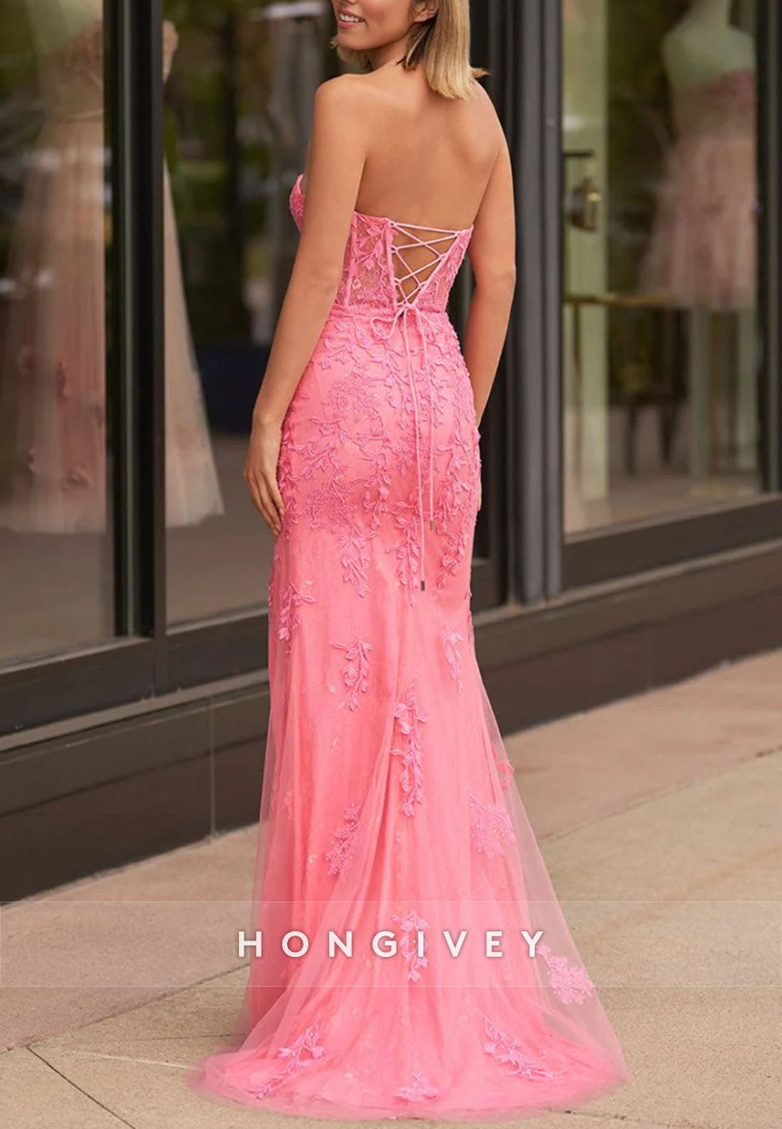 Sweetheart Mermaid Strapless Floor-Length Corset Lace Prom Dress with Slit