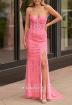 Sweetheart Mermaid Strapless Floor-Length Corset Lace Prom Dress with Slit