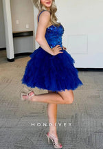 Royal Blue A-Line Spaghetti Straps Square Neck Short Homecoming Dress with ruffles