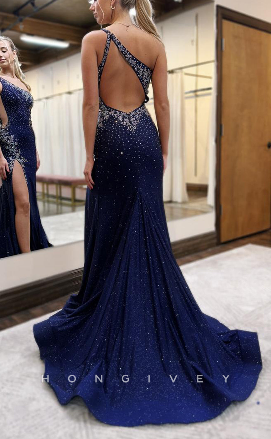 L2675 - Trumpet One Shoulder Beaded With Side Slit Party Prom Evening Dress