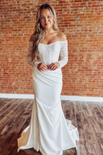 Mermaid Satin Lace Boho Wedding Dresses Long Sleeves Beach Wedding Gowns for Women