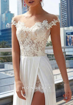 Off Shoulder See Through Wedding Dresses Side Slit A-line Bridal Dresses