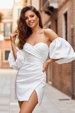 Casual Satin Fitted Sweetheart Puff Sleeves Short Wedding Dress