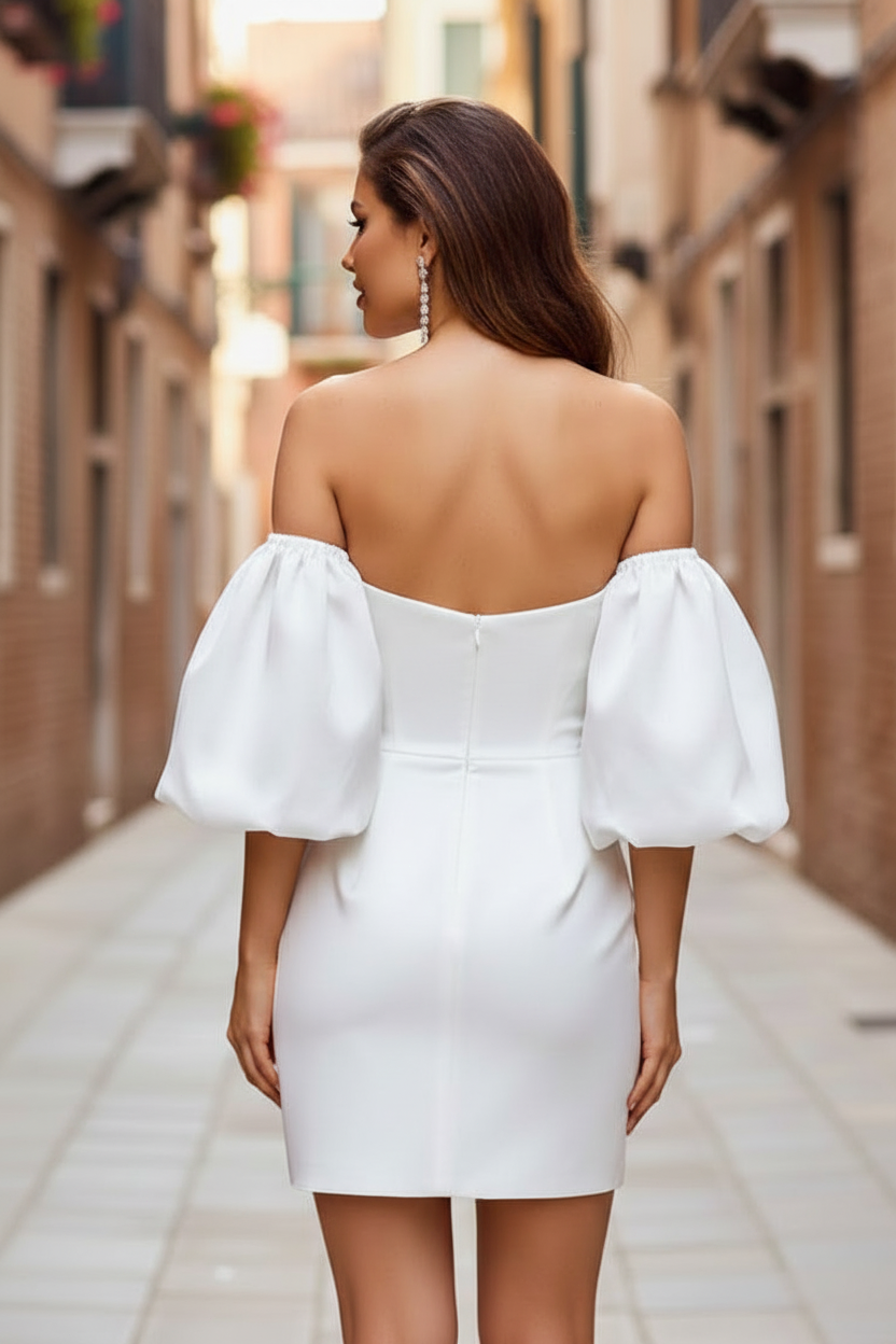 Casual Satin Fitted Sweetheart Puff Sleeves Short Wedding Dress