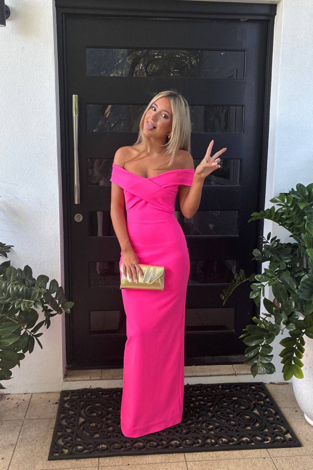 Off the Shoulder Hot Pink Sheath Long Dress