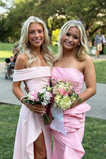 Off the Shoulder Light Pink Pleated Long Dress with Slit