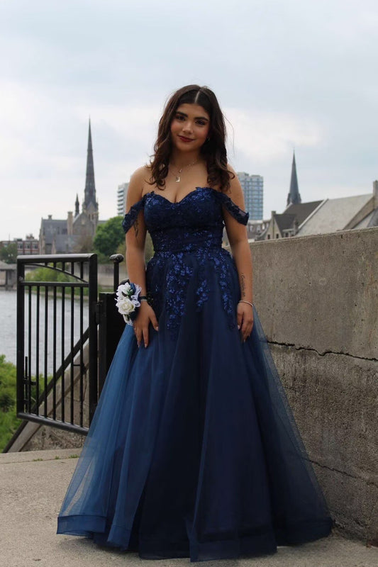 Off the Shoulder Navy Blue Appliques A-line Long Dress