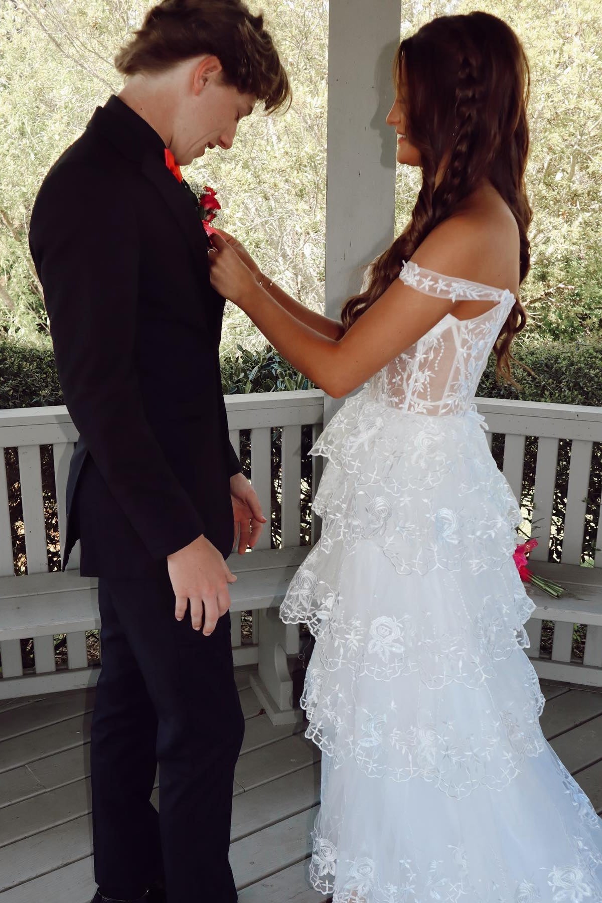 Off the Shoulder White Appliques Tiered Long Dress