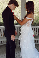 Off the Shoulder White Appliques Tiered Long Dress