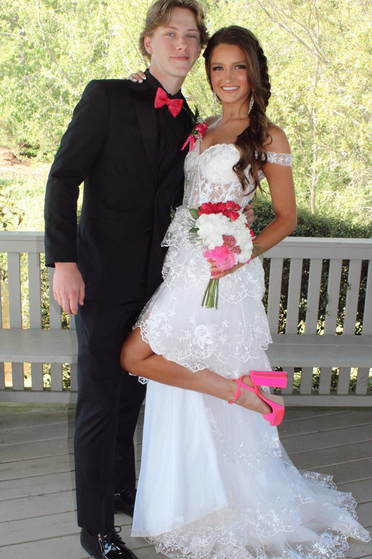 Off the Shoulder White Appliques Tiered Long Dress