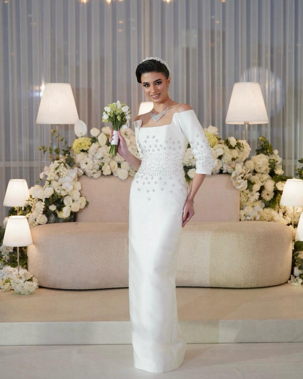 Sparkle Beaded 3/4 Sleeve Off the Shoulder Mermaid Slit Wedding Dress