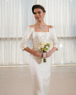 Sparkle Beaded 3/4 Sleeve Off the Shoulder Mermaid Slit Wedding Dress