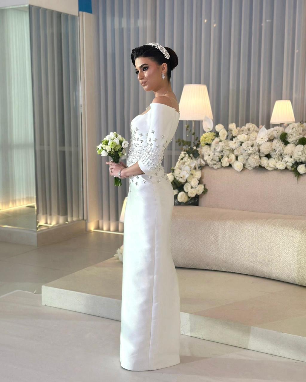 Sparkle Beaded 3/4 Sleeve Off the Shoulder Mermaid Slit Wedding Dress