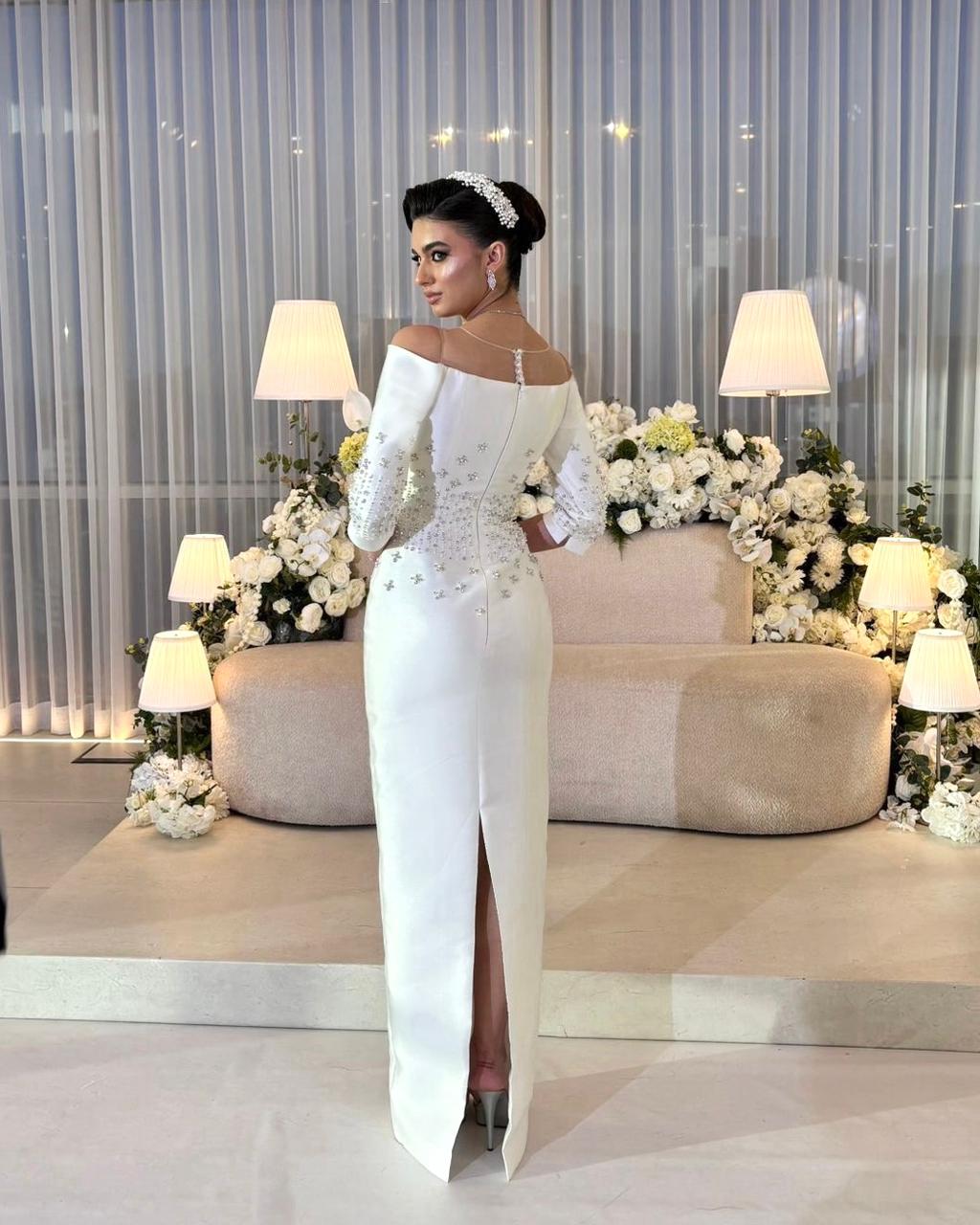 Sparkle Beaded 3/4 Sleeve Off the Shoulder Mermaid Slit Wedding Dress