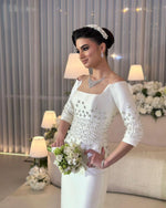 Sparkle Beaded 3/4 Sleeve Off the Shoulder Mermaid Slit Wedding Dress