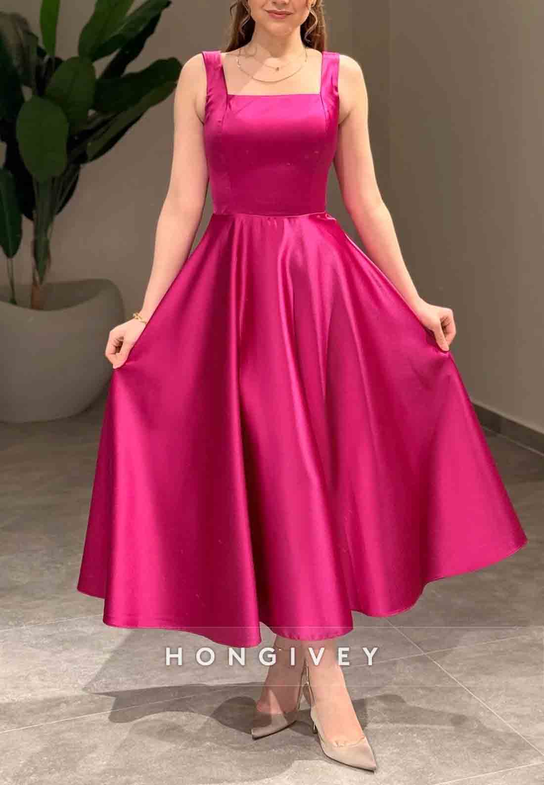 Regular Straps Tea-Length A-Line Sleeveless Crisscross Back Square Evening Gowns