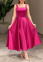 Regular Straps Tea-Length A-Line Sleeveless Crisscross Back Square Evening Gowns