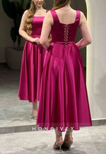 Regular Straps Tea-Length A-Line Sleeveless Crisscross Back Square Evening Gowns