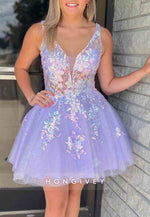Lilac Sparkly Regular Straps Low Back Tulle A-Line Short Homecoming Dress