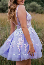 Lilac Sparkly Regular Straps Low Back Tulle A-Line Short Homecoming Dress