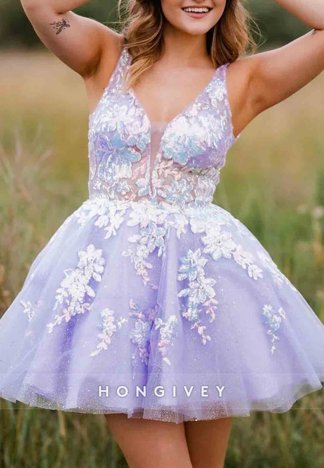 Lilac Sparkly Regular Straps Low Back Tulle A-Line Short Homecoming Dress