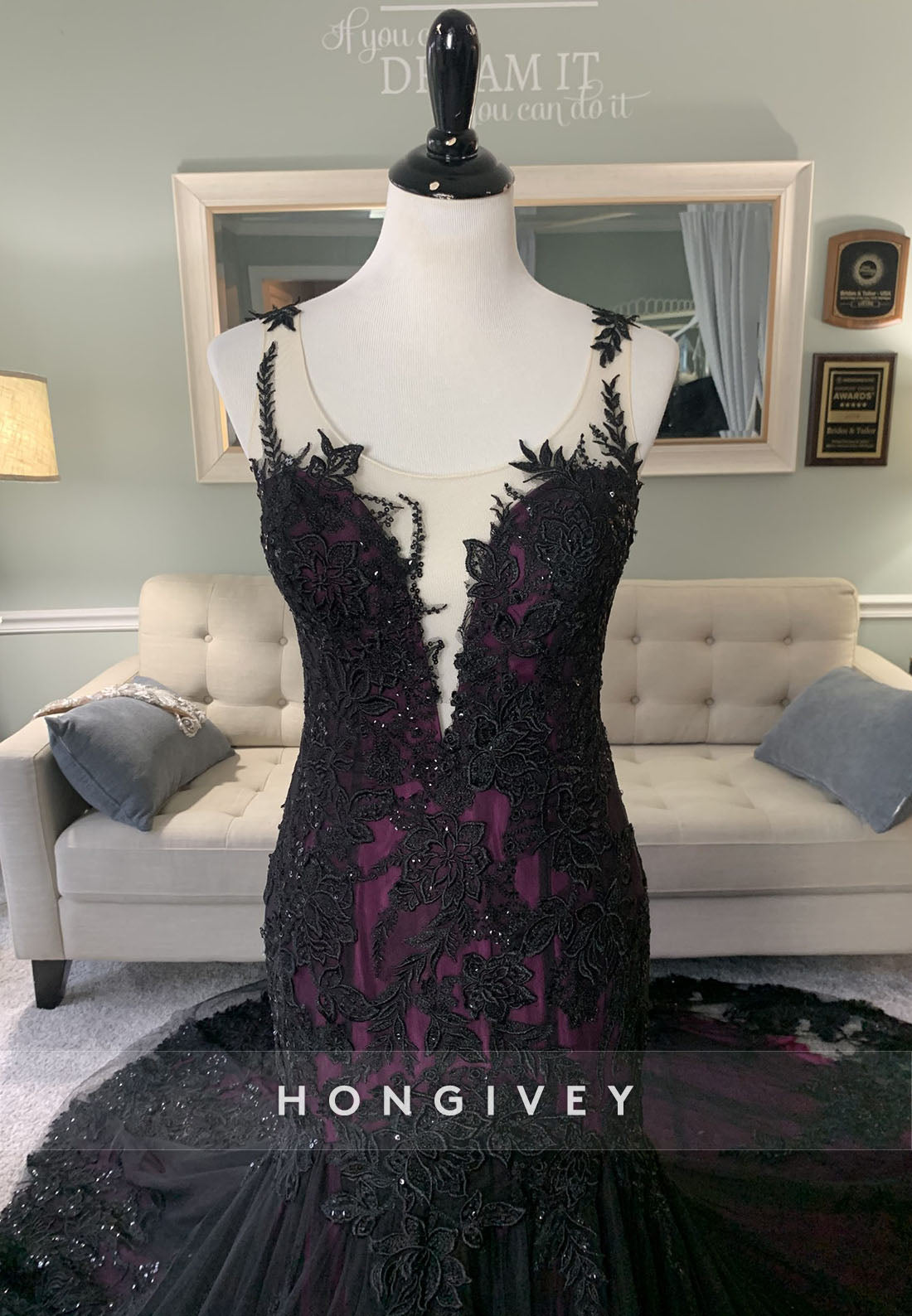 Lace Olivia Black and Purple Illusion Neck Mermaid Wedding Dress with Cape